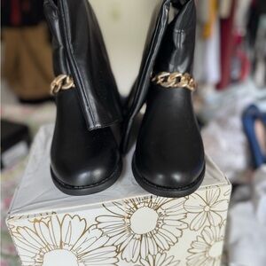 JustFab Black and Gold Knee High Boots with Chain Detail